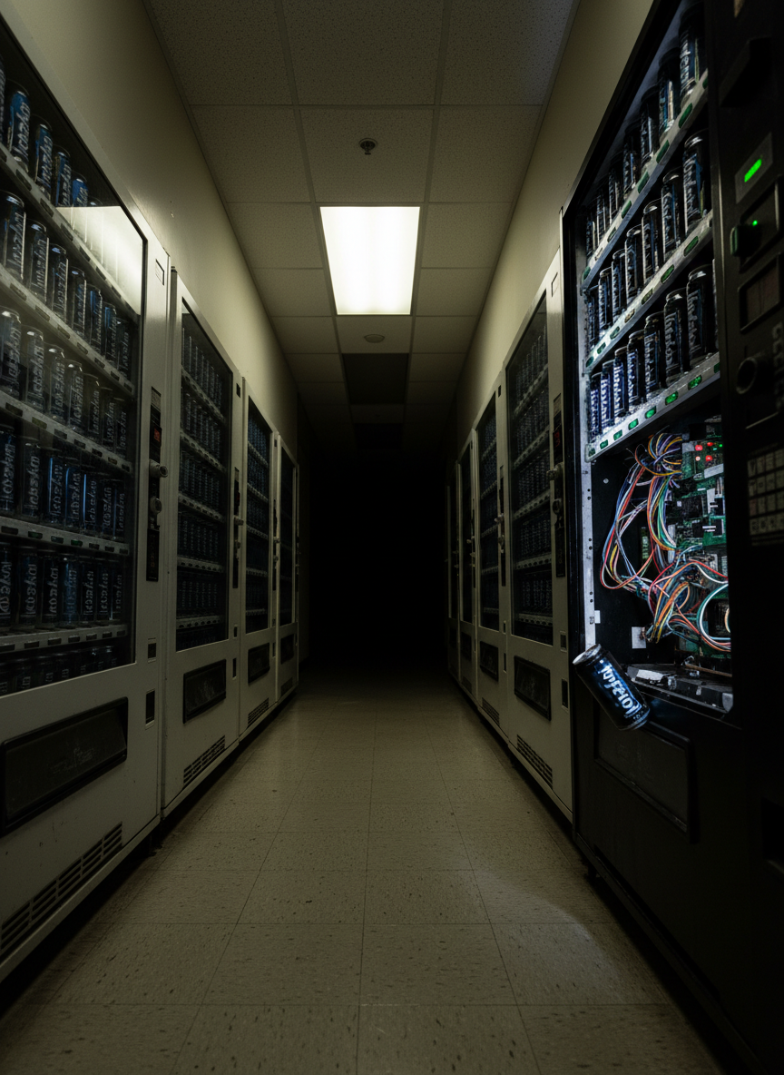 A narrow NYU-style hallway stretches into the distance, its institutional off-white walls lined with vending machines filled with identical “NoFear” cans, their metallic surfaces catching intermittent fluorescent flickers. One machine in the foreground is half-open, exposing wiring and circuitry, a single can jammed in the dispenser chute with droplets of condensation glistening under the sickly overhead light. The corridor’s far end dissolves into deep shadow, lending a cinematic, almost horror-like mood. Shot with a deep depth of field from a low-angle perspective, the composition emphasizes repetition and unease, creating a dark, psychological atmosphere in a realistic, cinematic style.